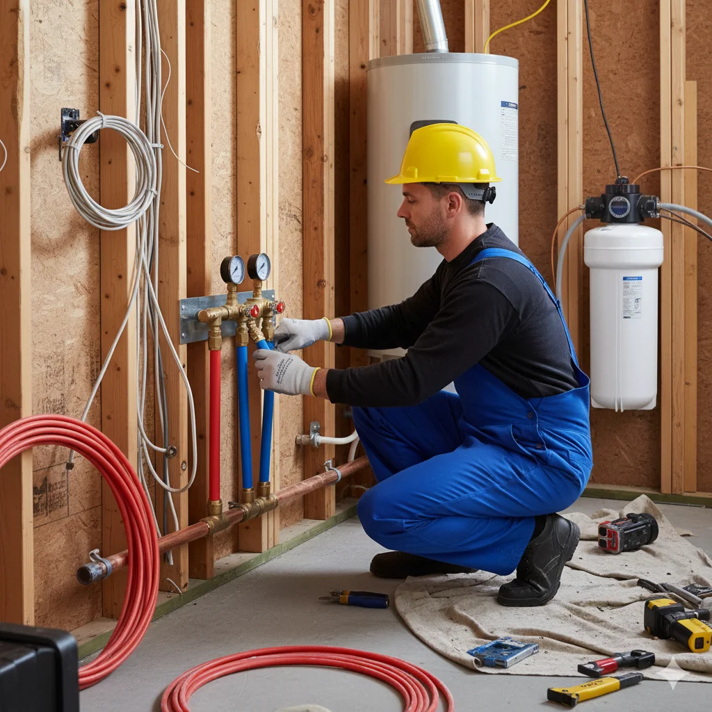 Plombier professionnel installant un système sanitaire